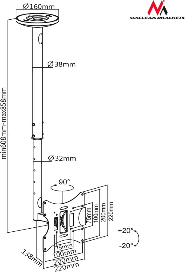 Stropni nosilec za TV Maclean MC-504A B, 23-42", črn
