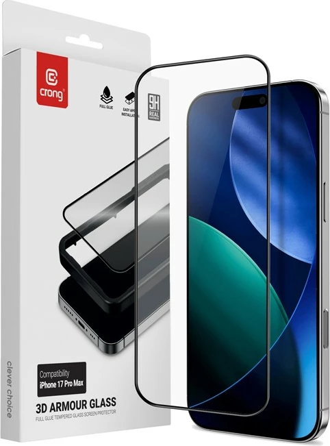 Kaljeno zaščitno steklo 3D Armour Glass, CRONG za iPhone 17 Pro Max, Edge-to-Edge 2.5D, 0,33 mm, 92% prosojnosti, z montažnim okvirjem