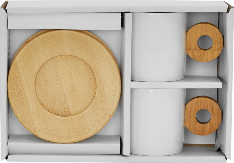 Set 2 skodelic, bel porcelan, naravni bambus, 20x14x7 cm Nordic
