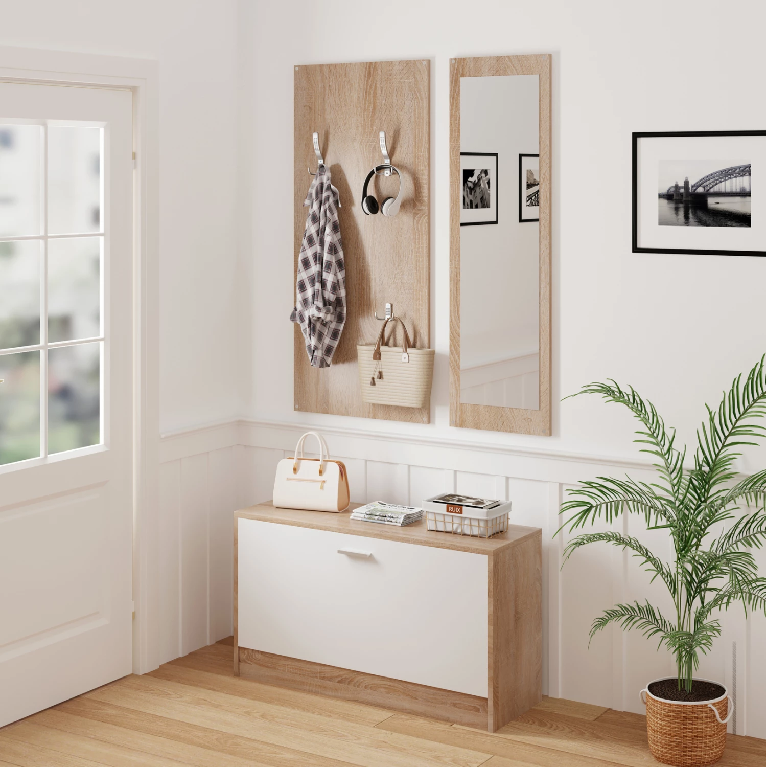 Komplet za predsobo z ogledalom VERN FH2476.04 melamin v sonoma-beli 80x27x175H cm