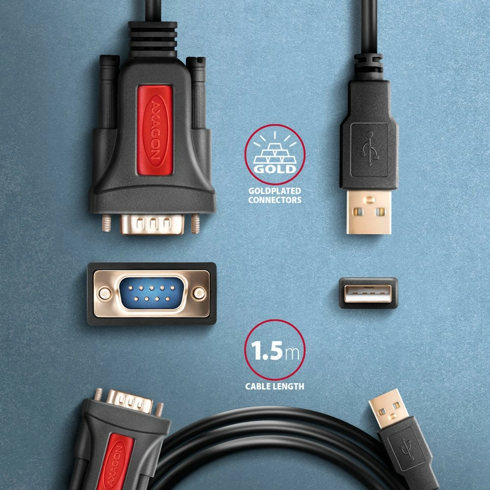 Adapter USB na RS-232, 1,5 m, čip Prolific, črn - AXAGON ADS-1PSN