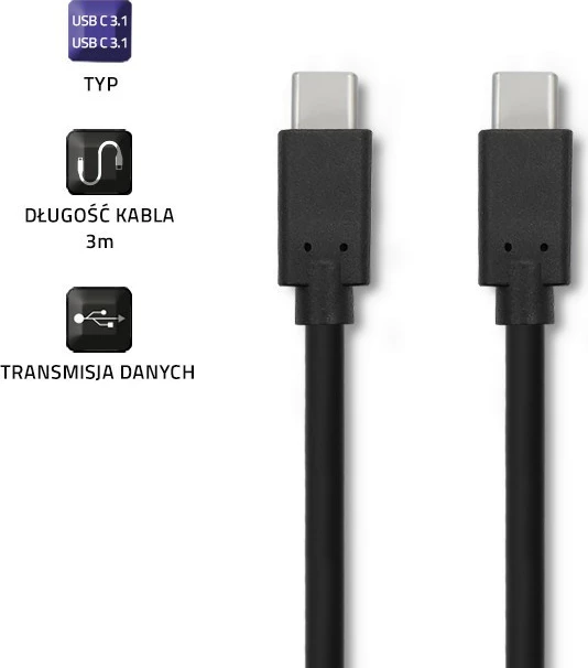Kabel USB Type-C, 3 m, črn, Qoltec 52353