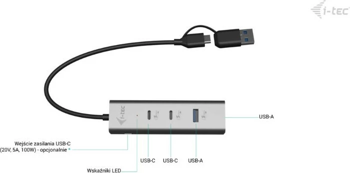 Metalen HUB i-tec CAHUBMETAL2A2CPD, 2x USB-C, 2x USB-A, Power Delivery 85W, črn