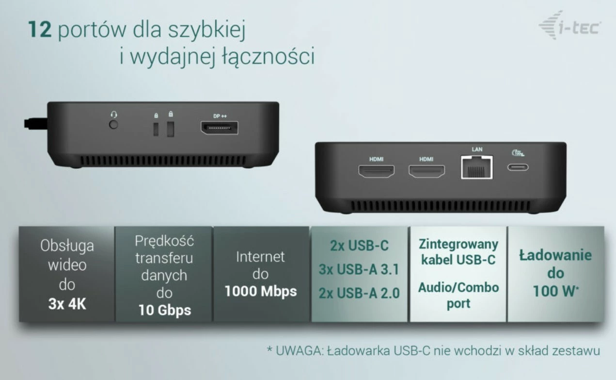 Docking računalniško ohišje i-tec C31TRIPLEVIDEODPPRO, 100 W Power Delivery, 2x HDMI, 1x DisplayPort, 6x USB, LAN, črno
