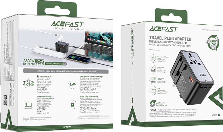 Potovalni polnilec Acefast Z1 GaN, 75 W, 3x USB-C, 2x USB-A, črn