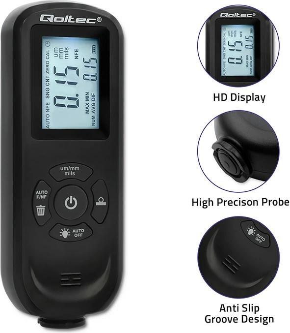 Merilec debeline barve Qoltec 50646, osvetljen LCD, 0–2000 μm, črn