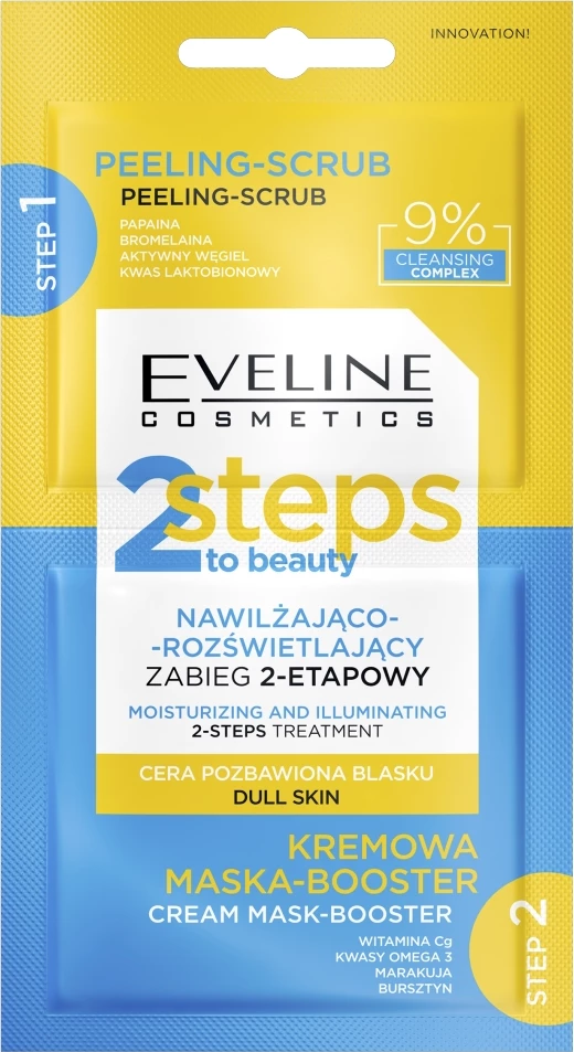 Dvofazna maska za obraz, vlažilna in osvetljujoča, Eveline Cosmetics 2 Steps to Beauty, 2x4 ml, za ženske