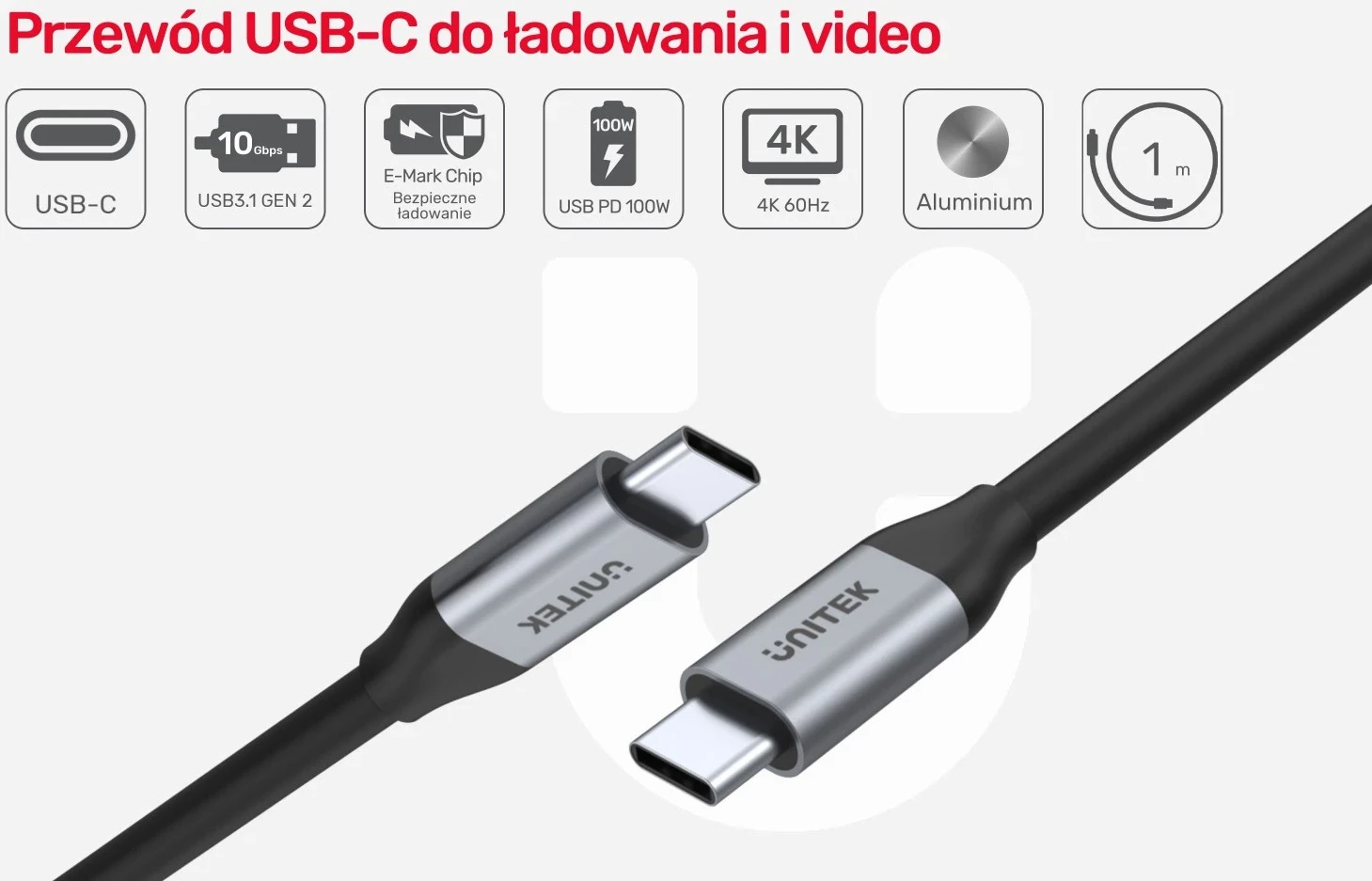 USB-C kabel za USB-C Unitek, 10Gbps, 4K 60Hz, 20V/5A, črn