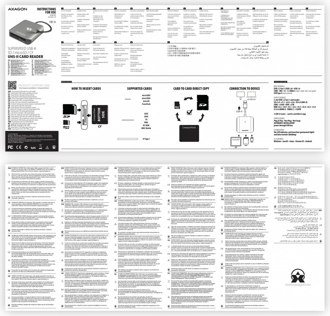 Kompakten bralnik kartic AXAGON CRE-S3, USB-A, 3 reže, USB 3.2 Gen 1, siv