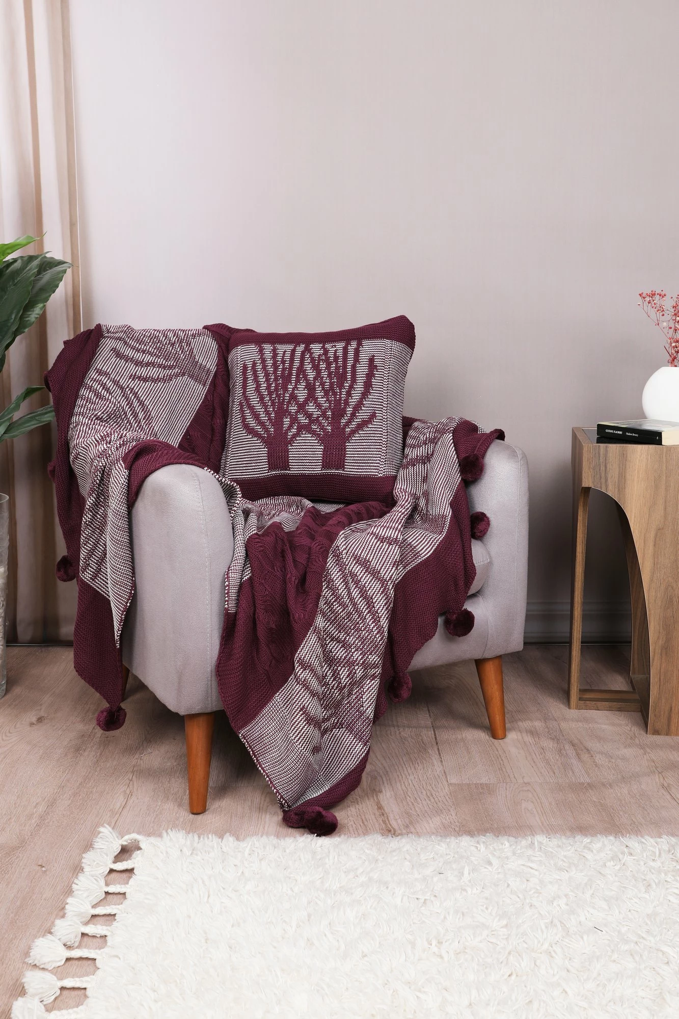 Trikot odeja komplet za eno osebo, Ponpon Tree, temno rdeča (claret red)