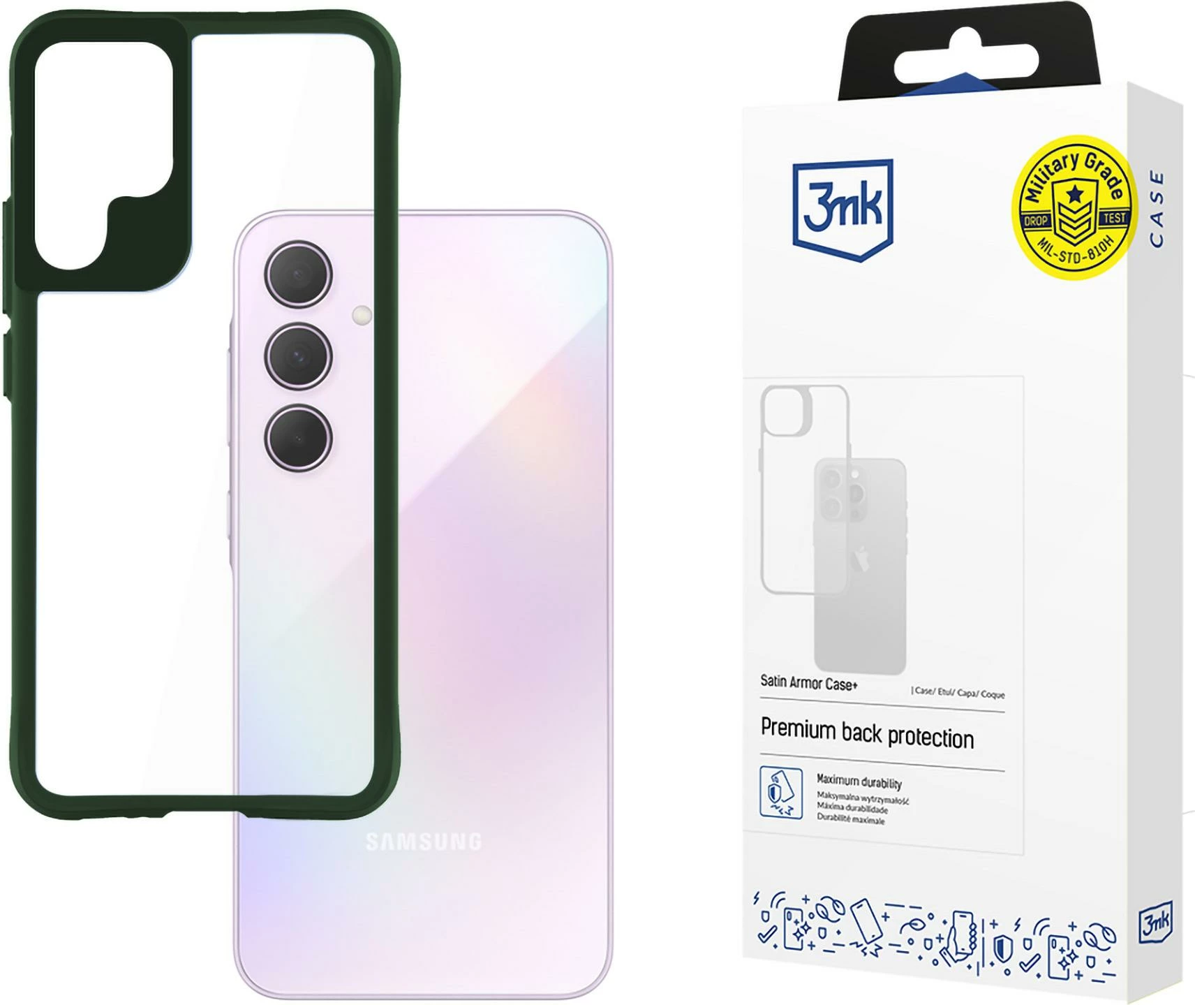 Prozoren ovitek za telefon z zelenim satenskim okvirjem 3mk Protection Satin Armor Case+ za Samsung Galaxy A35 5G
