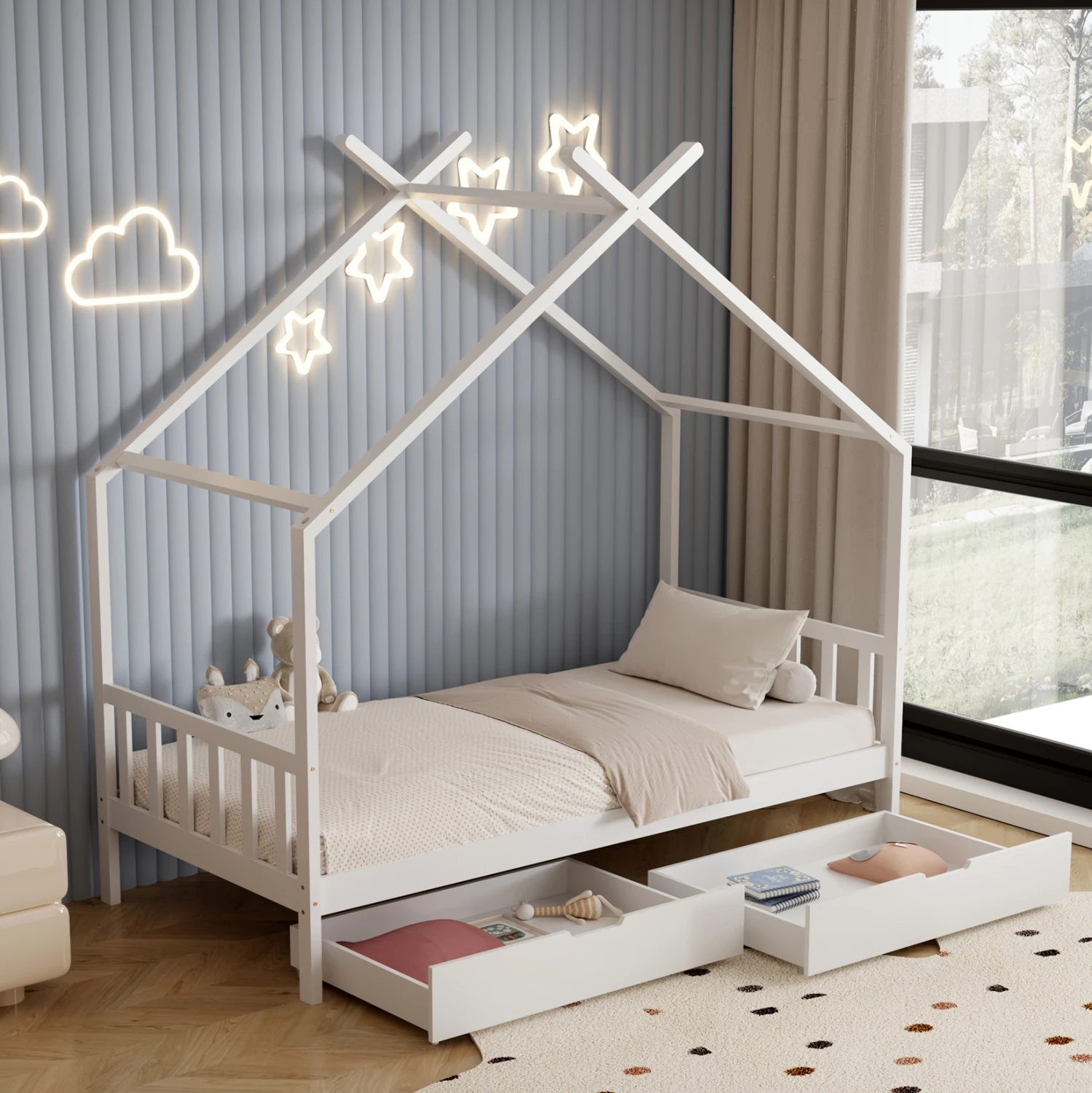 Postelja za otroke Klarice FH680.03 t.Montessori - 2 predala - masivni borov les v beli barvi - 190x90 cm