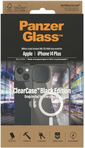 Ovitek za telefon z MagSafe, PanzerGlass ClearCase za iPhone 14 Plus / 15 Plus, prozoren in črn