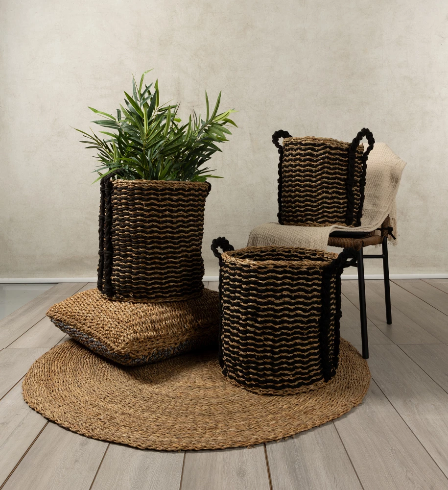 Set košev, 3 kosi, 45x45x45 cm, morska trava in hogla vrv, naravno/črno DURUK