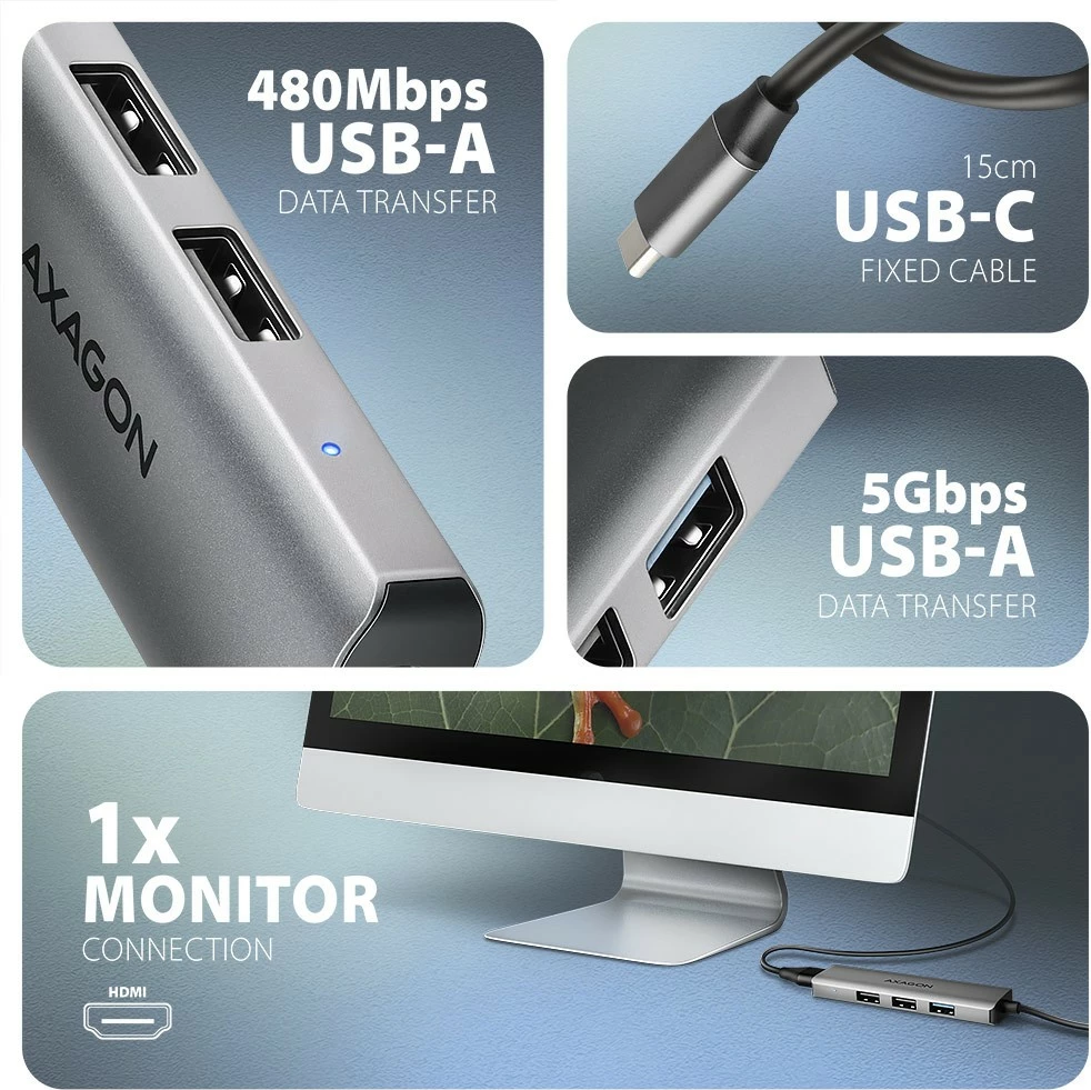 Večportni USB razdelilec 4 v 1 AXAGON HMC-H3A, 5 Gbps, 3x USB-A + HDMI 4K, kovinsko ohišje, USB-C, siv