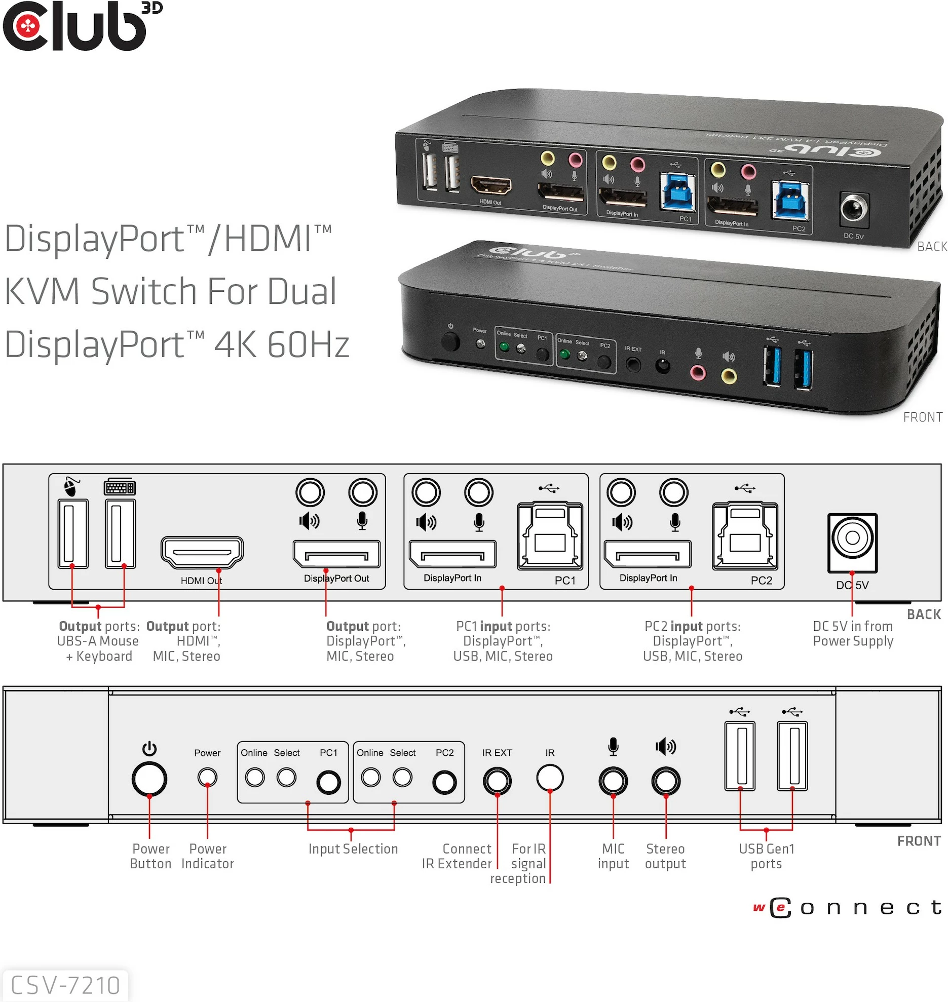 KVM preklopnik za 2 računalnika Club3D CSV-7210, 2x DisplayPort, 1x HDMI, 2x USB, 4K60Hz, črn