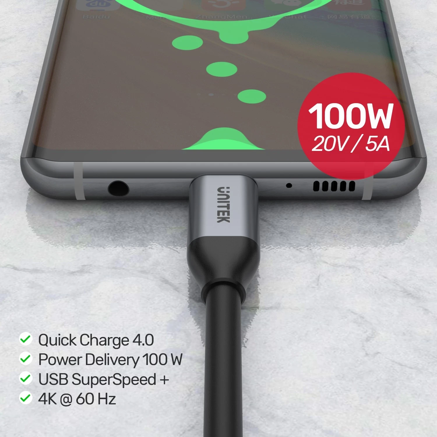 USB-C kabel za USB-C Unitek, 10Gbps, 4K 60Hz, 20V/5A, črn