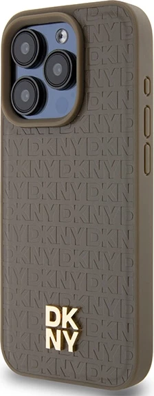 Ovitek z monogramom iz usnja, kovinski logotip, MagSafe za iPhone 15 Pro — DKNY, rjav