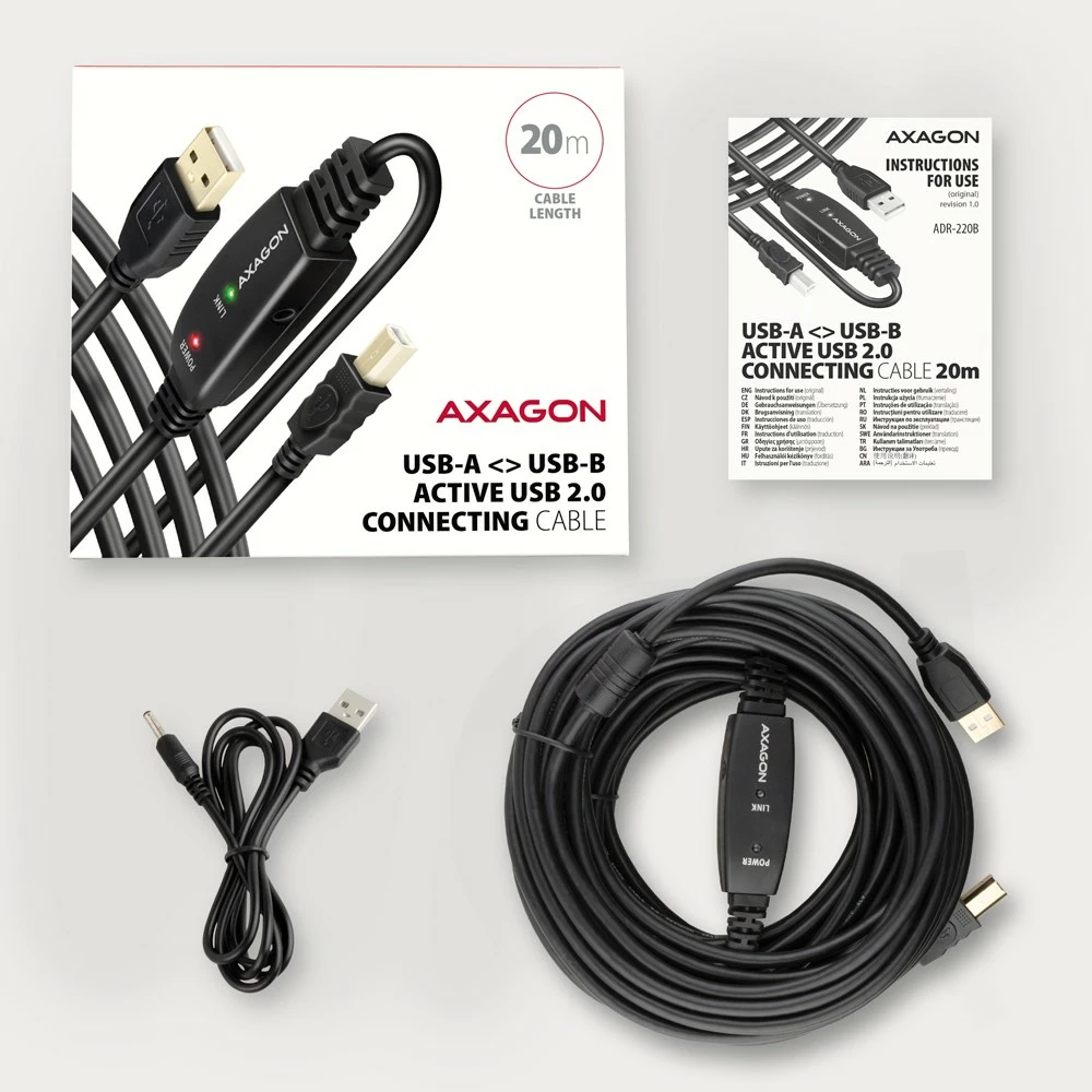 Aktivni USB 2.0 kabel, AXAGON ADR-220B, 20 m, za tiskalnik, črn