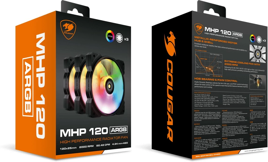 Ventilatorji za računalniško ohišje Cougar MHP 120 ARGB, 120 mm, paket 3, črni