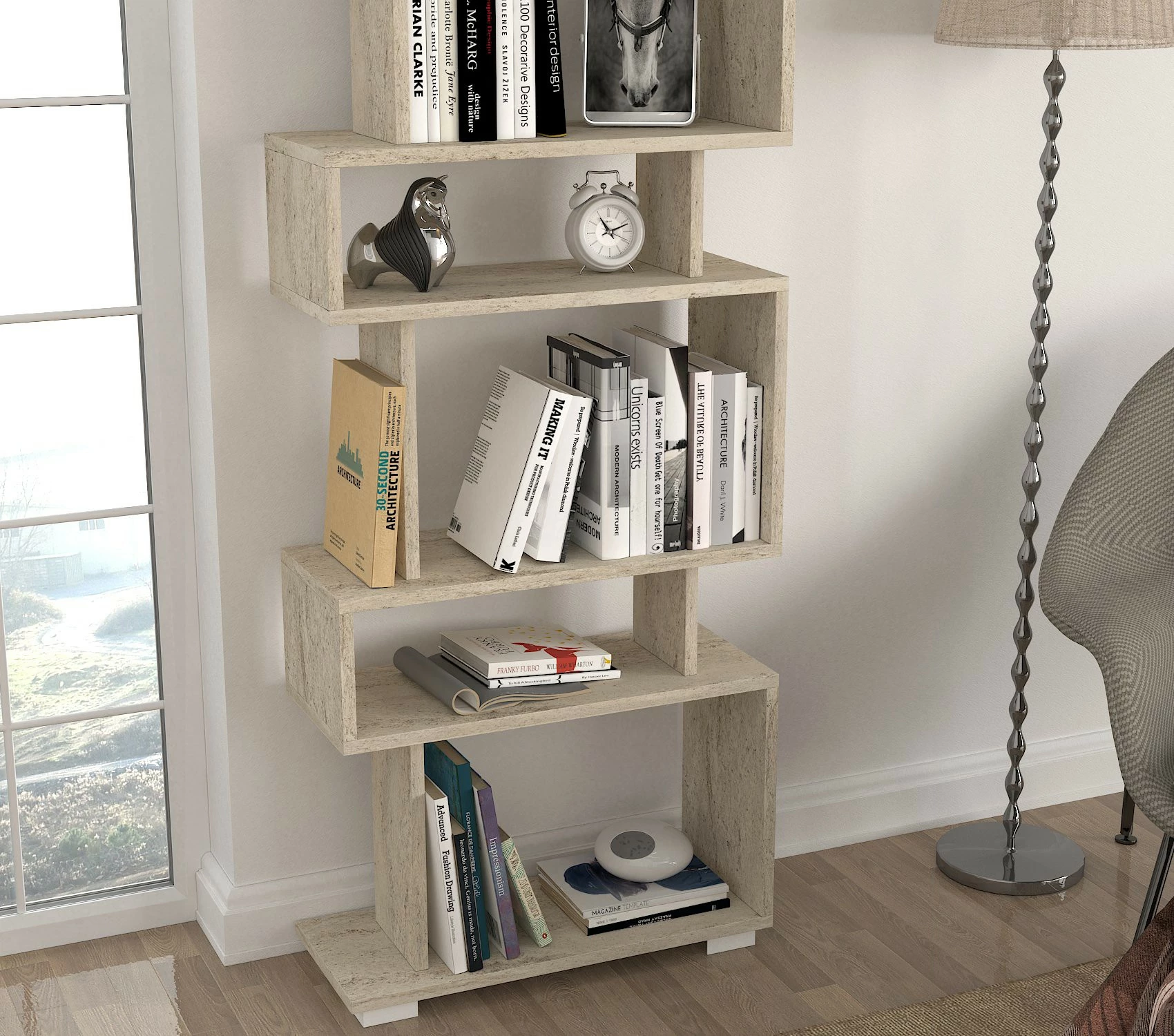 Raft za knjige z videzom marmorja Hanah Home, travertin, 60x165x19,5 cm