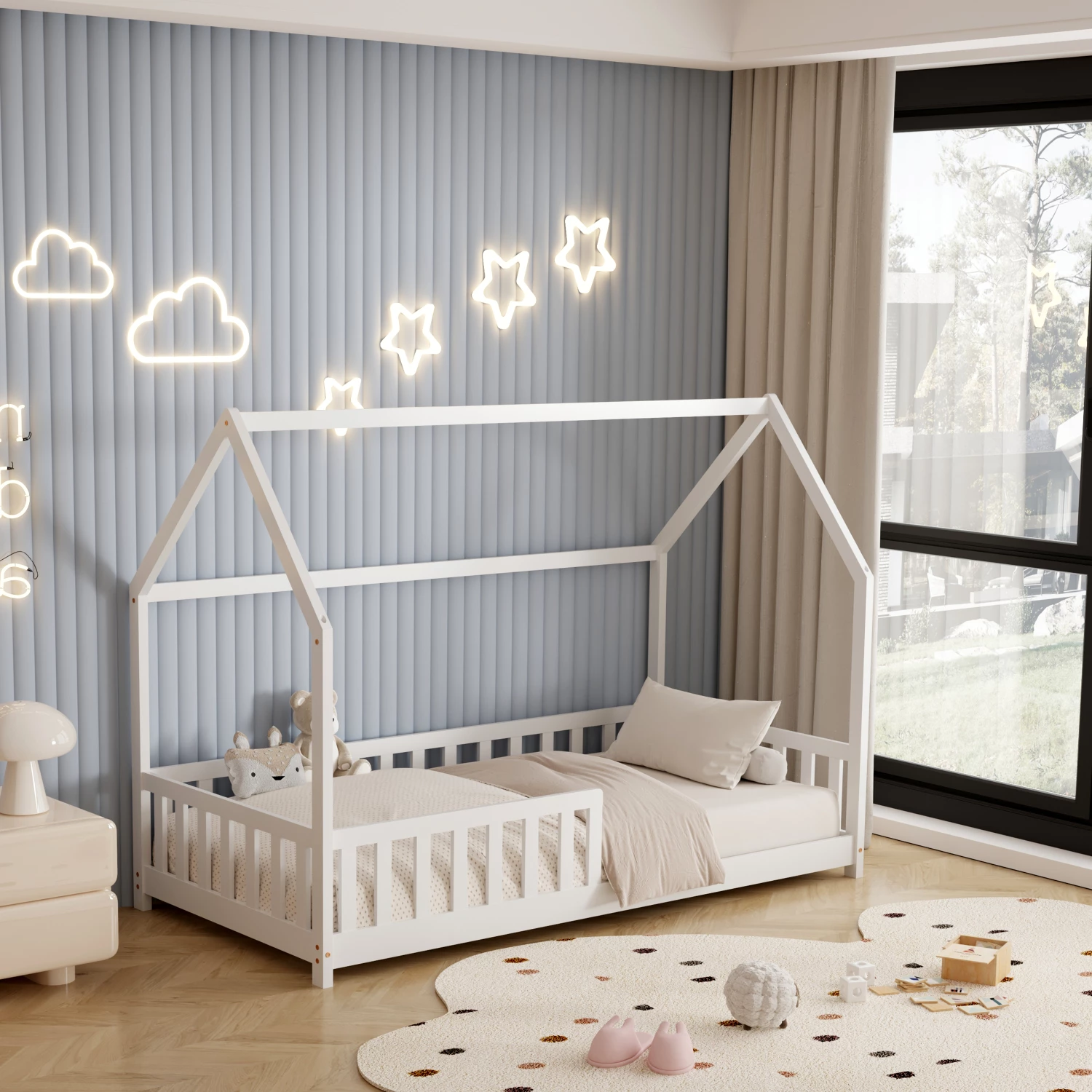 Postelja za otroke z ograjo PHYLLIS FH679.03 t.MONTESSORI iz masivnega borovega lesa v beli barvi - 190x90cm
