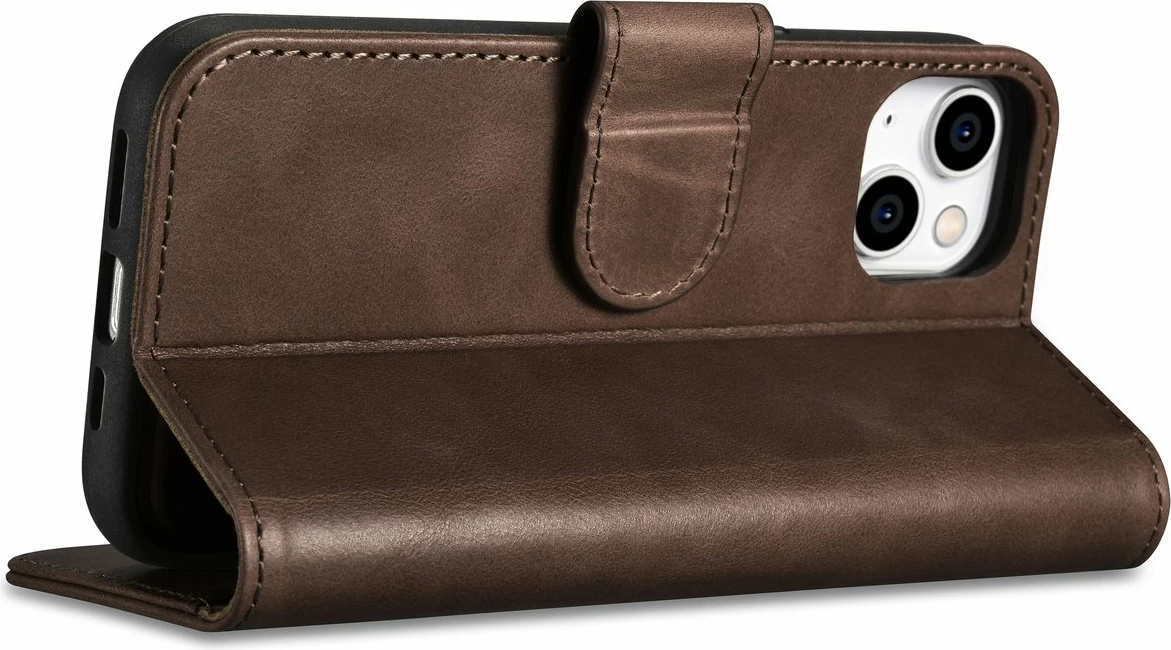 Ovitek 2-v-1 Oil Wax Wallet za iPhone 14 Plus, iCarer, naravno usnje, Anti-RFID, rjav