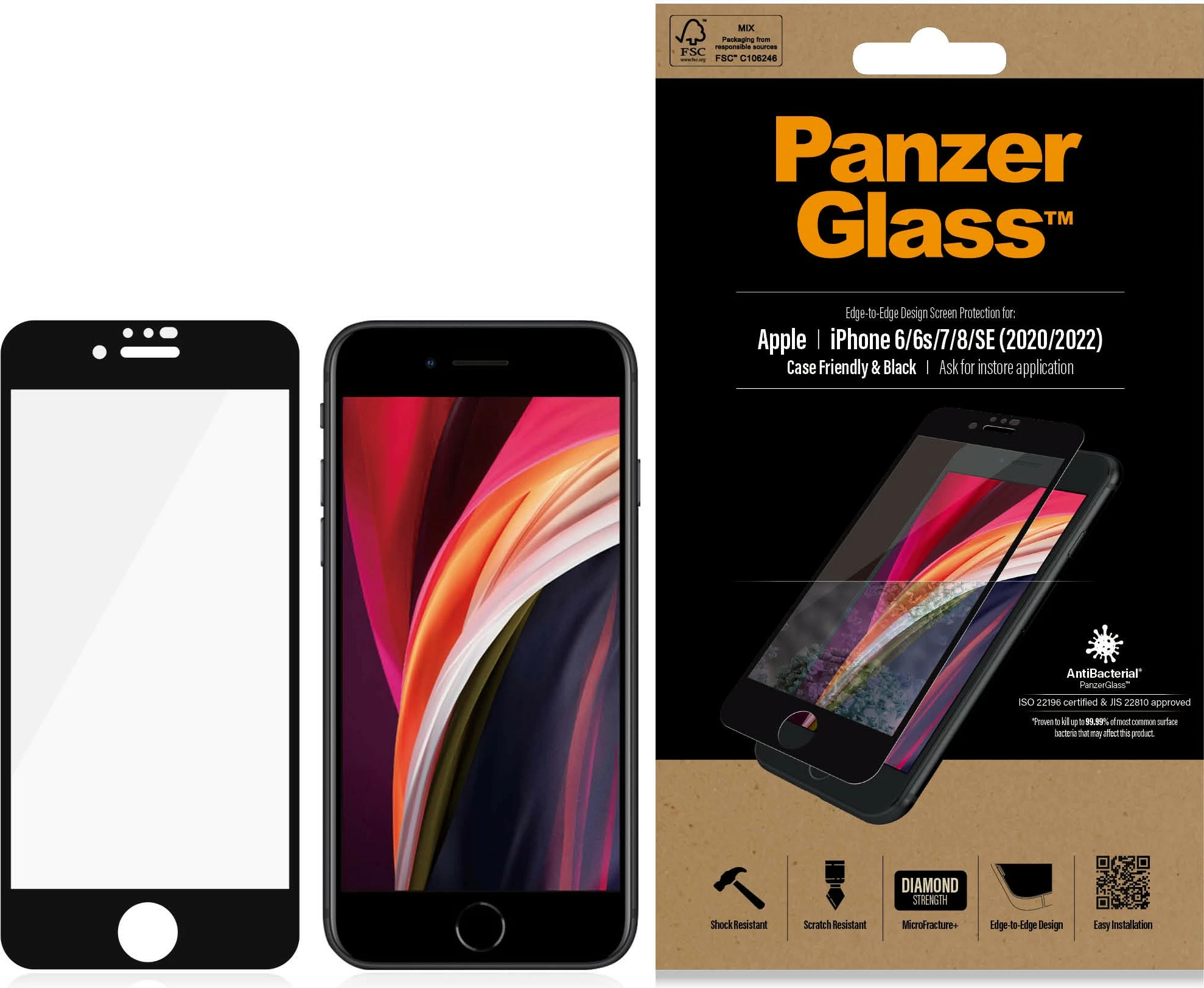 Zaščitno steklo PanzerGlass za iPhone 6/7/8/SE 2020/2022, prozorno, črn okvir