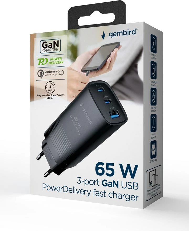 Hitri polnilec 3‑portni, 65 W, GaN, USB Power Delivery, GEMBIRD TA-UC-PDQC65-01-BK, črn