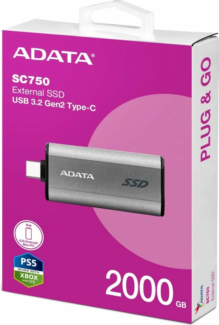 Zunanji SSD Adata SC750, 2000 GB, USB 3.2, titansko