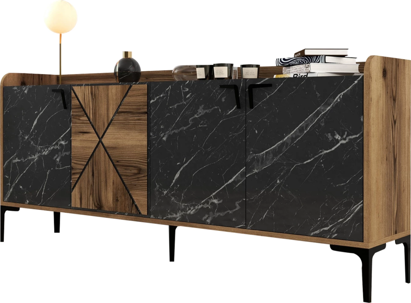 Bufet iz melamina FH9433.03 oreh z vrati v videzu črnega marmorja 180x35x78H cm