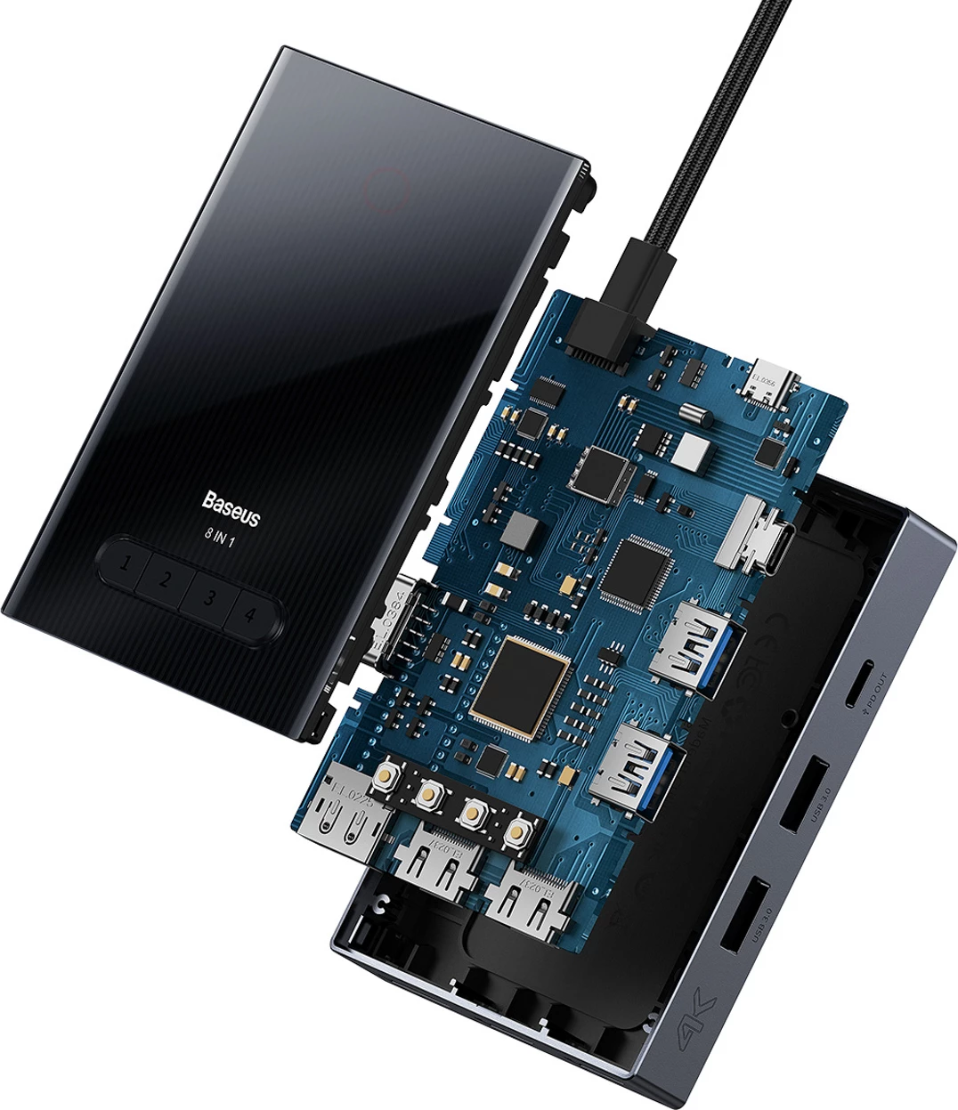 Računalniško ohišje 8-v-1 USB-C hub Baseus PioneerJoy, HDMI 4K@60Hz, DisplayPort 8K@30Hz, VGA, 2x USB-A 3.0, 2x USB-C, siv