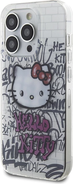 Ovitek za telefon z motivom Hello Kitty IML Kitty On Bricks Graffiti za iPhone 15 Pro, bel