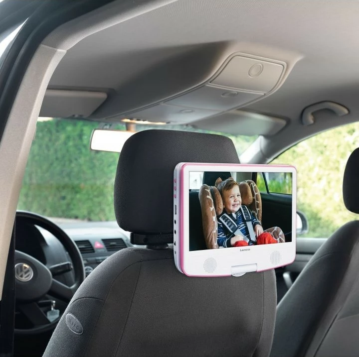 Prenosni DVD predvajalnik Lenco DVP-910, 9-palčni, USB, z držalom za avto, roza/bel