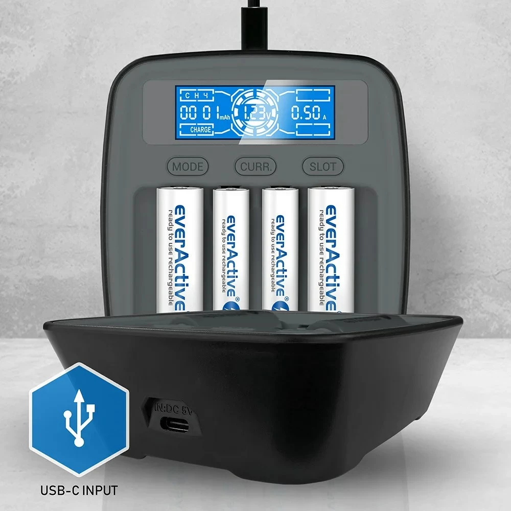 Polnilec baterij everActive NC1000MV2, USB-C, za AAA, črn