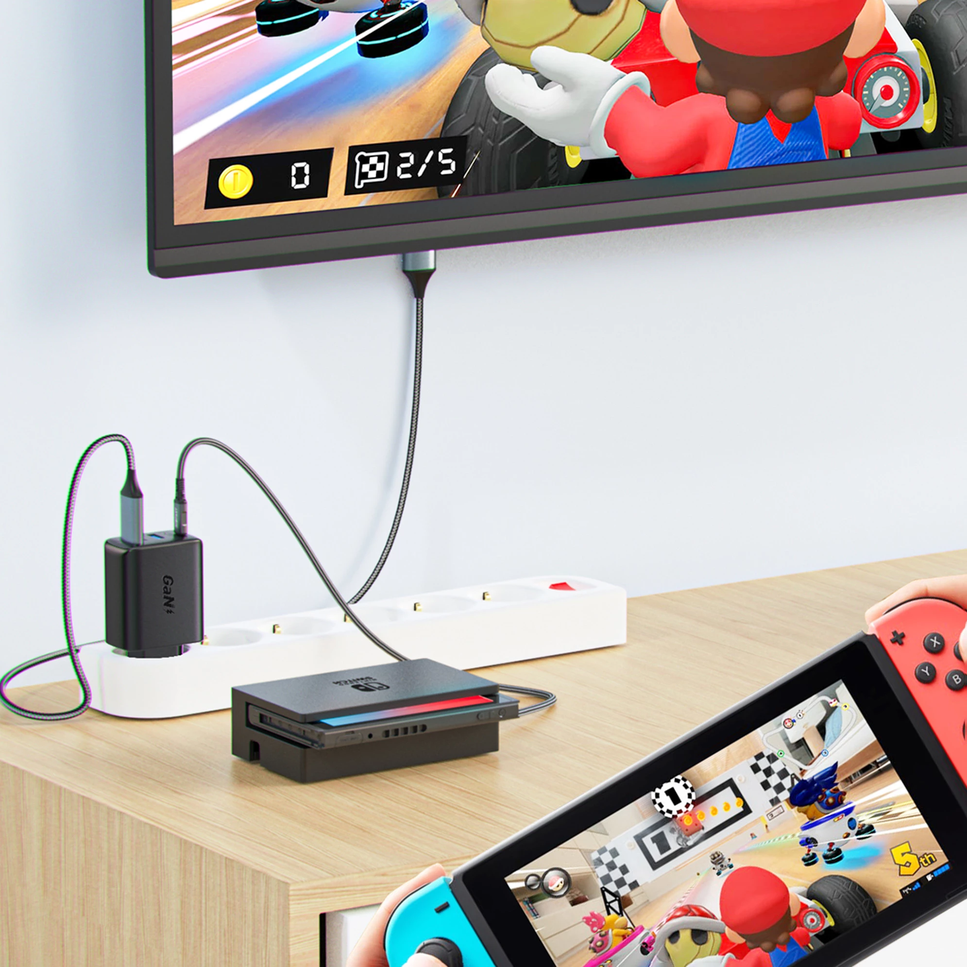 2-v-1 polnilec, 65 W, USB Type-C/USB-A, HDMI 4K, z vključenim kablom, Acefast A17, bel