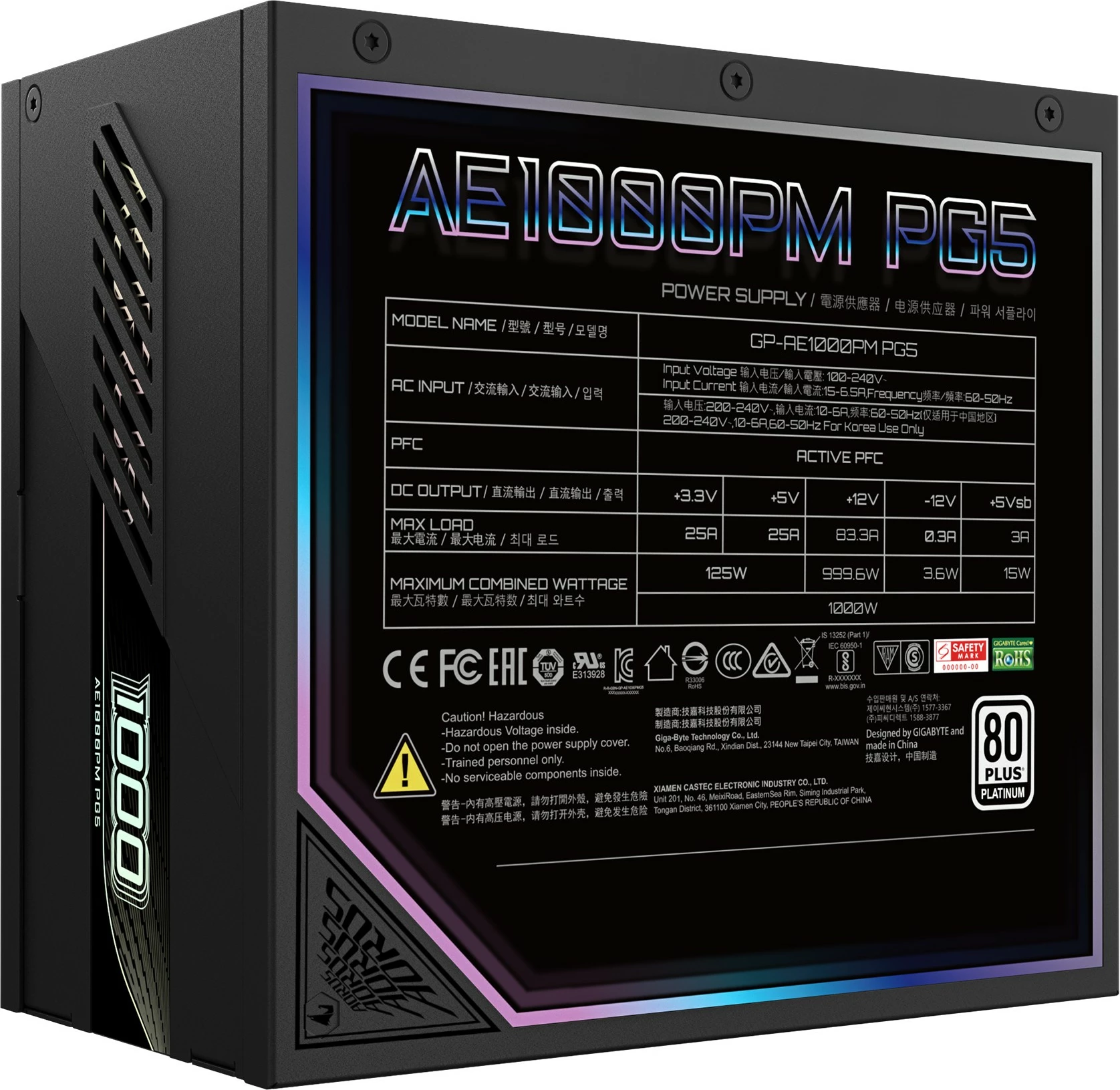 Napajalnik, 1000 W, 80 PLUS Platinum, popolnoma modularen — Gigabyte AORUS ELITE P1000W ICE, PCIe 5.0