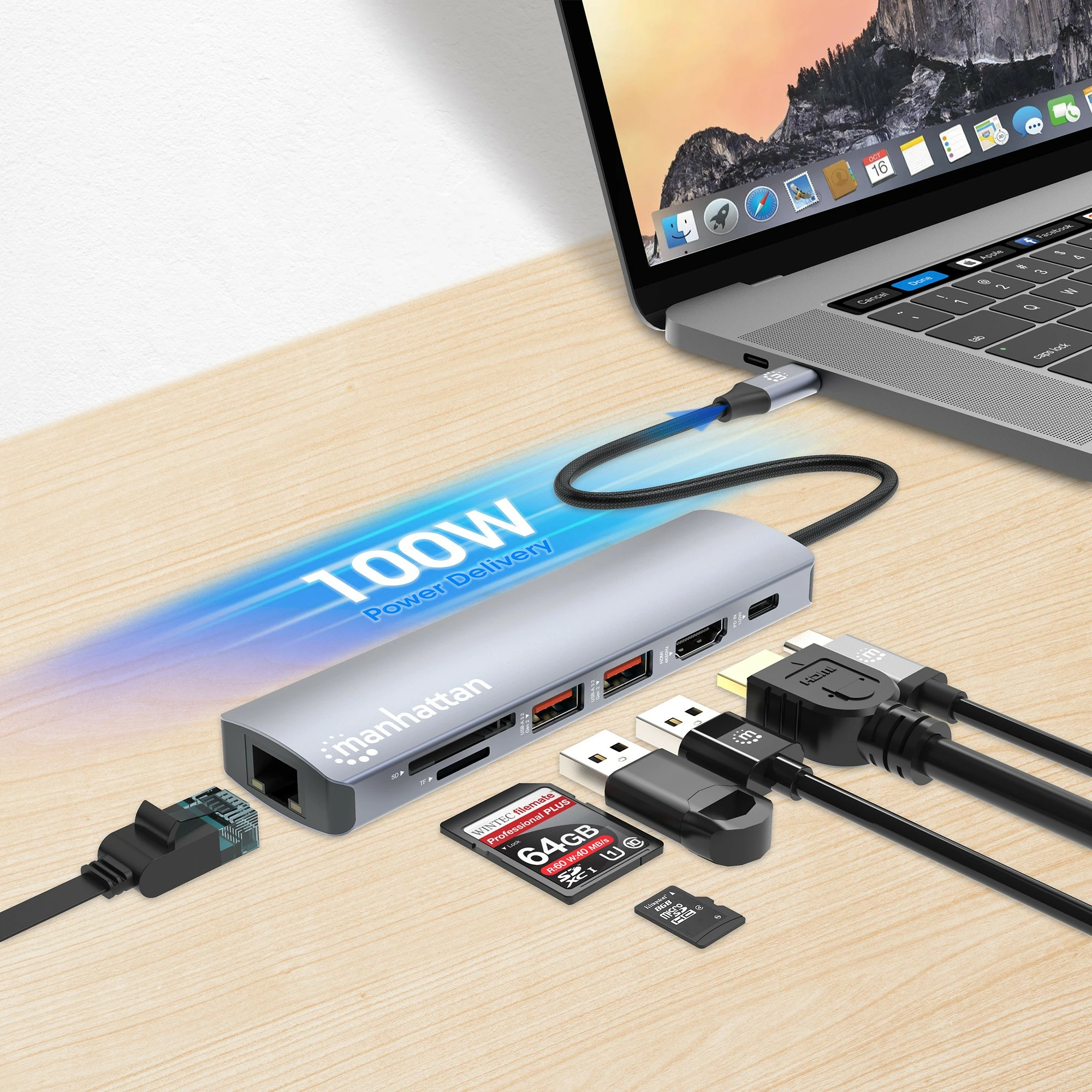 Docking postaja 7-v-1 MANHATTAN, USB-C, 1x HDMI, 2x USB 10 Gb/s, srebrna