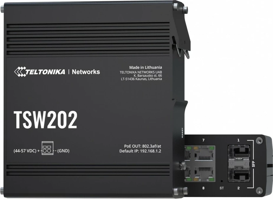 Industrijsko upravljano stikalo Teltonika TSW202, 8x Gigabit LAN, 2x SFP, PoE+, črno