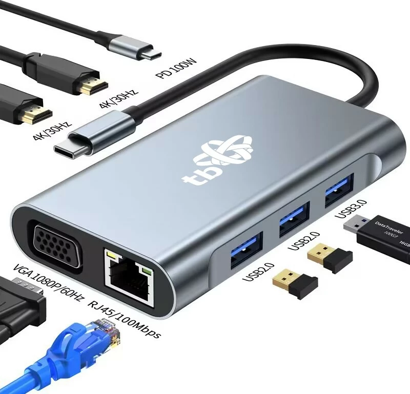 HUB adapter USB-C 8-v-1, HDMI x2, VGA, RJ45, 3x USB, Power Delivery, grafit TB AKTBXVA8W1UHVRJ
