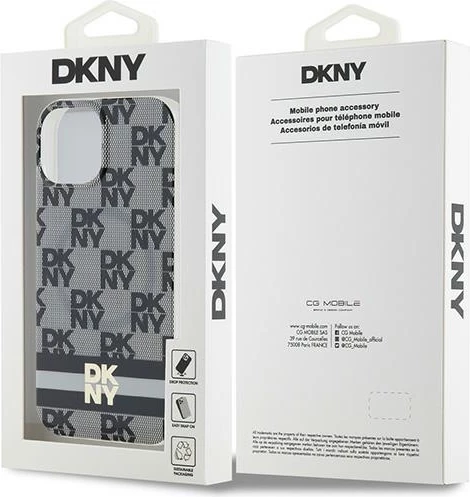 Zaščitni ovoj z vzorcem DKNY IML Checkered Mono in potiskanimi črtami MagSafe za iPhone 15/14/13, črn