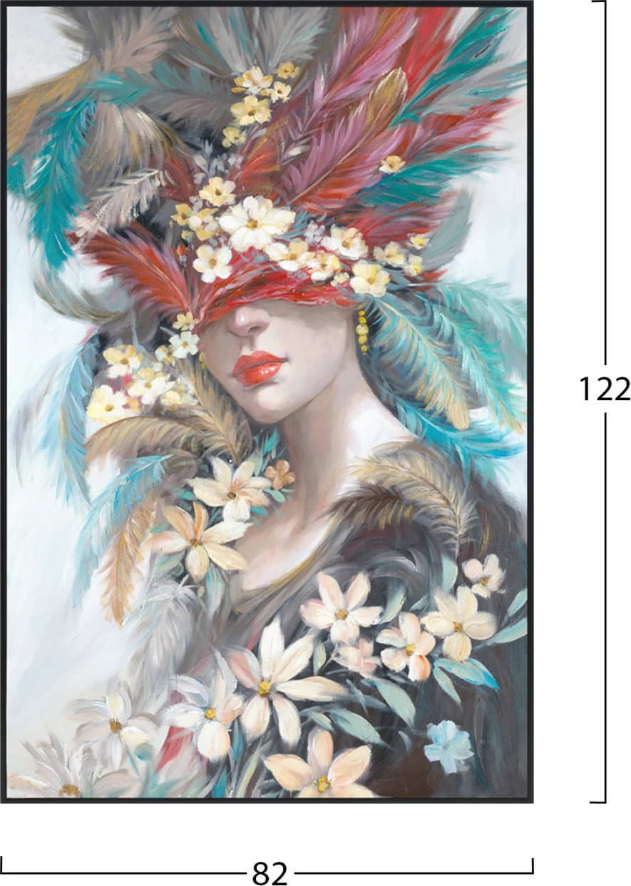 Stenska slika FH4564 črni PS okvir-natisnjeno platno obraz ženske s perjem 82x4,5x122Hcm