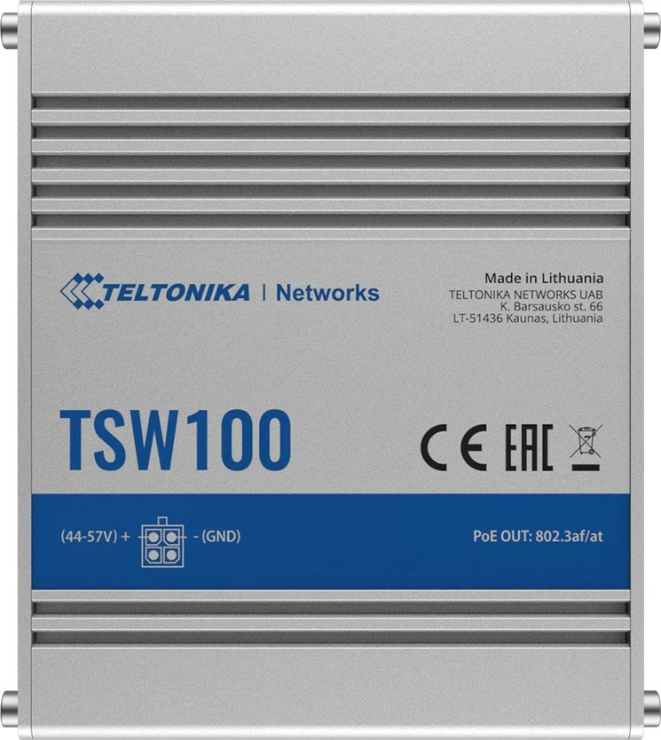 Industrijsko stikalo TELTONIKA TSW100, 5x Gigabit, 4x PoE+, namizno/za rack, srebrno