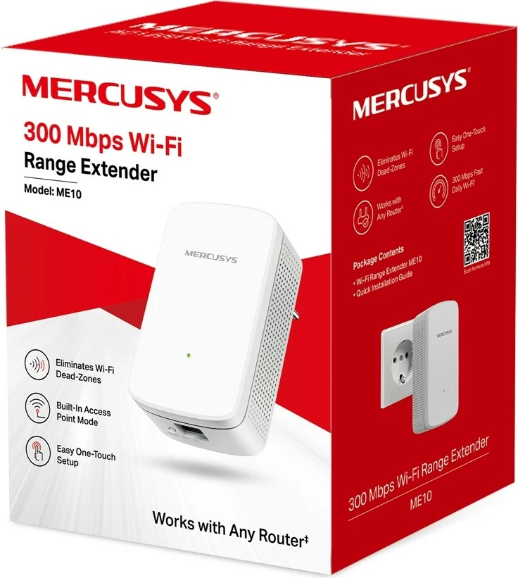 Wi‑Fi podaljevalnik Mercusys ME10, 300 Mbps, 1 LAN vrata, bel