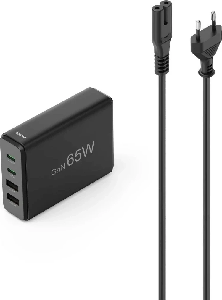 Univerzalni polnilnik GaN 65W, Hama, 2x USB-C, 2x USB-A, črn