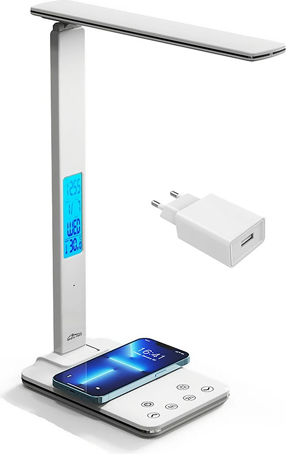 Namizna svetilka z brezžičnim polnjenjem Media-Tech MT222, LED zaslon, bela