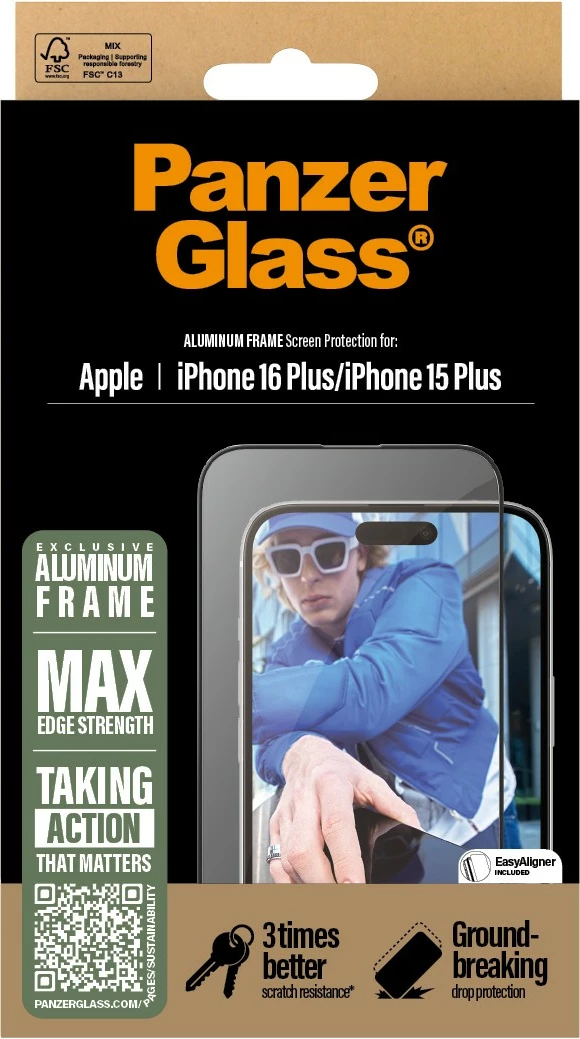 Zaščita zaslona PanzerGlass za iPhone 16/15 Plus, aluminijast okvir