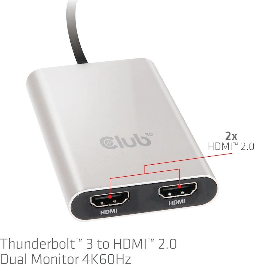 Adapter Thunderbolt 3 na 2x HDMI Club3D, 4K@60Hz, srebrn