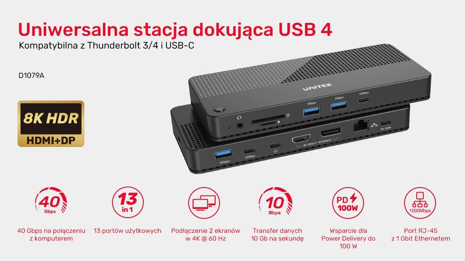 Multifunkcijski dok Unitek 12 v 1, HDMI 8K, USB 4, 100 W, črn