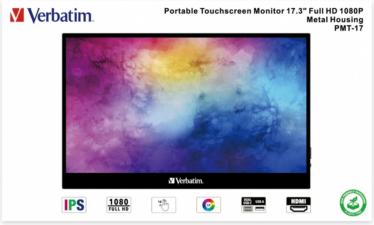 Prenosni zaslon na dotik, Verbatim PMT-17, 17.3" Full HD IPS, 60 Hz, 10-točkovni, USB-C/HDMI, črn